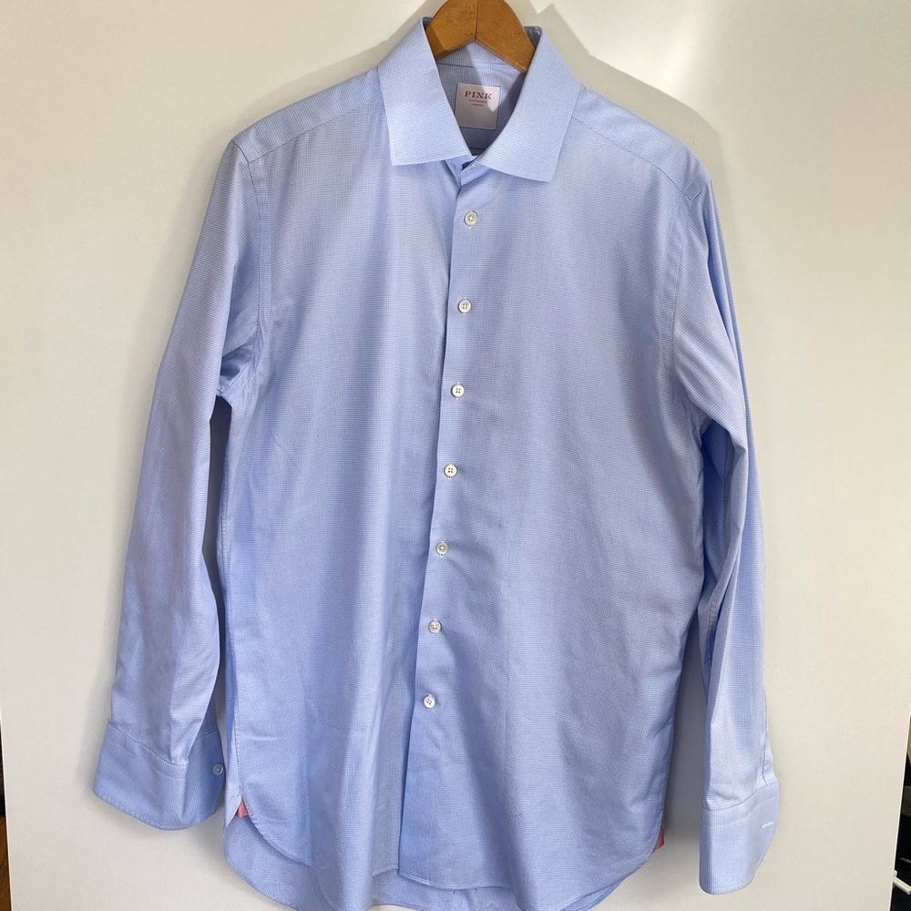 Pink Shirtmaker London Men’s Blue/white mini houndstooth dress shirt 16/41 Slim